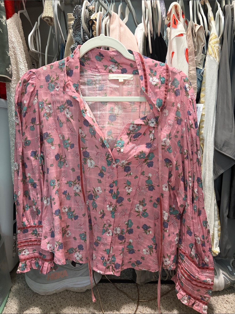 LoveShackFancy Pink Floral Peasant Blouse with Tie Detail